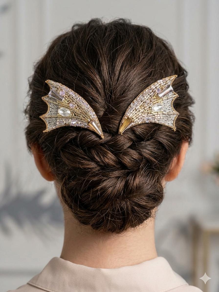 Gold and white color wing shaped hair clip - Thumbnail 2