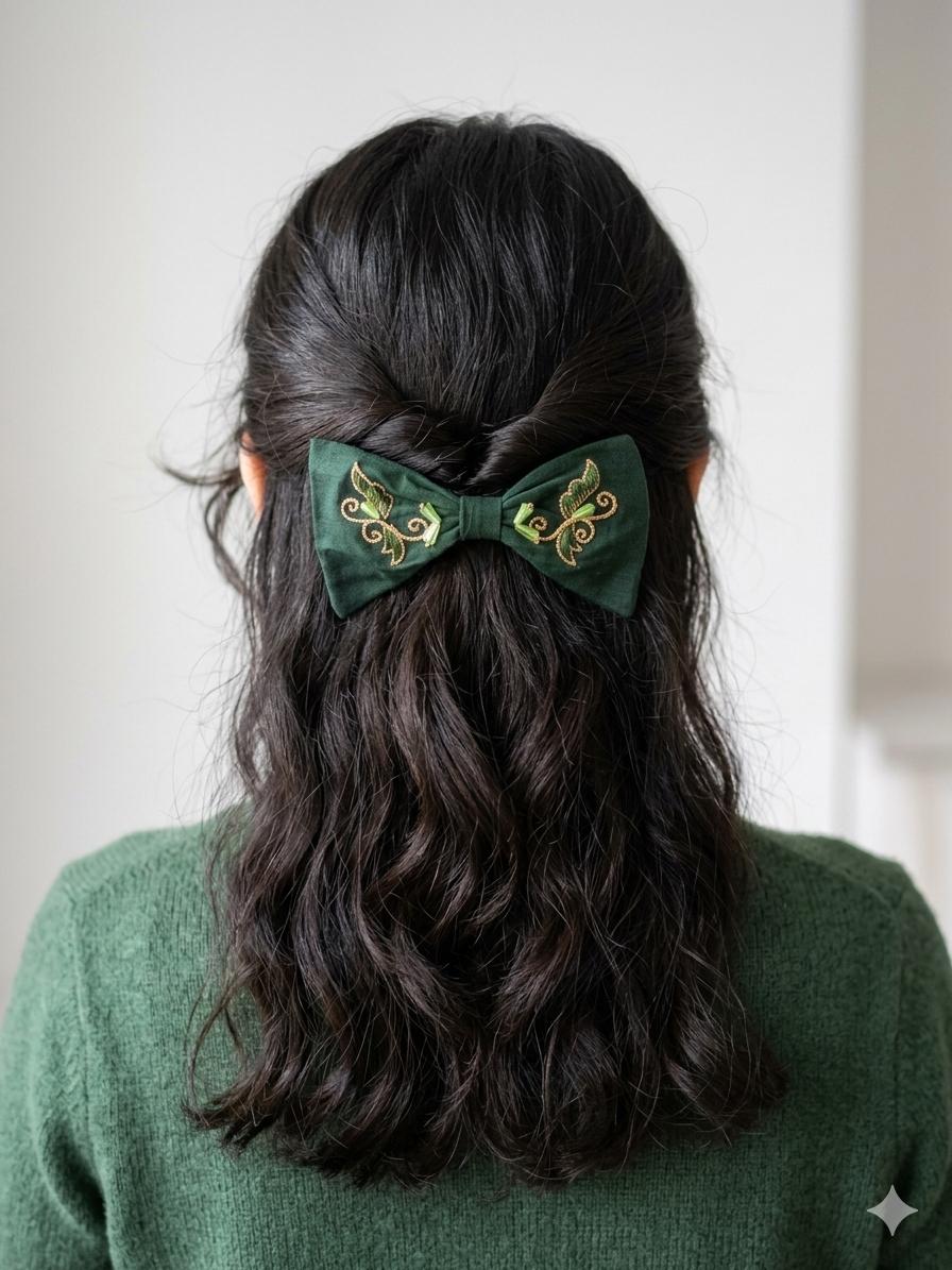 Emerald Ivy bow hair clip - Thumbnail 3